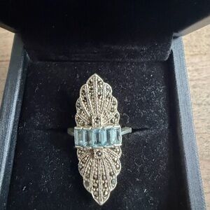 Vintage Art Deco Silver Ring with Blue Topaz size 7.75